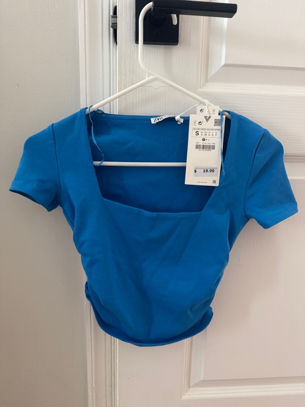 Zara Bright Blue Square-Neck Short Sleeve Top
